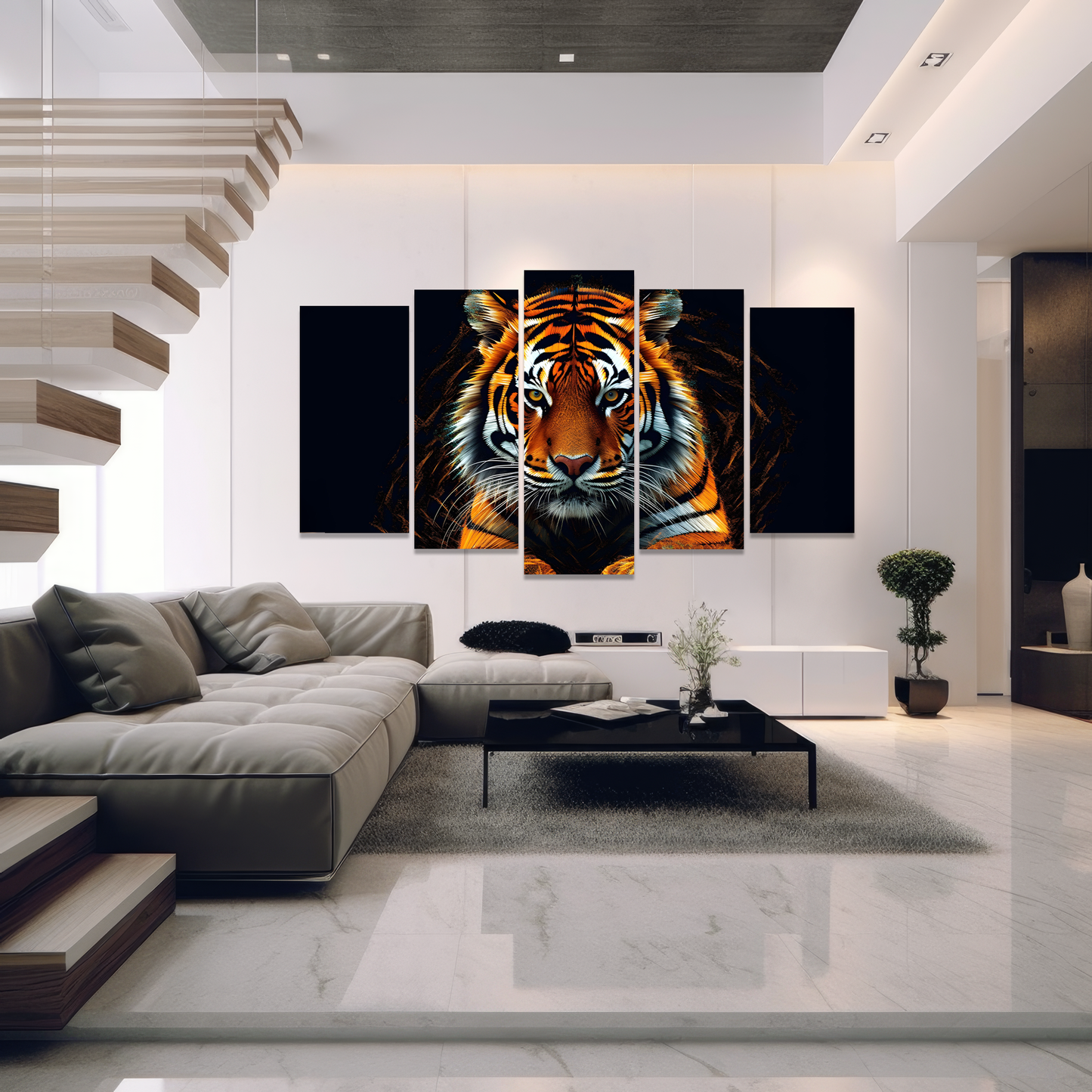 Quadros Decorativos Mosaico 5 Peças Tigre 115x60cm