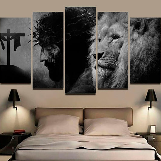 Quadros Decorativos Mosaico 5 Peças O Rei e o Leão Black 115x60cm