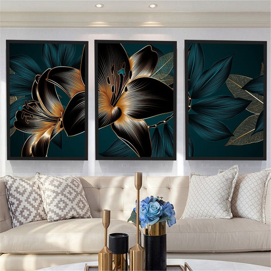 Quadro Decorativo - Trio de Quadros Flores Azuis