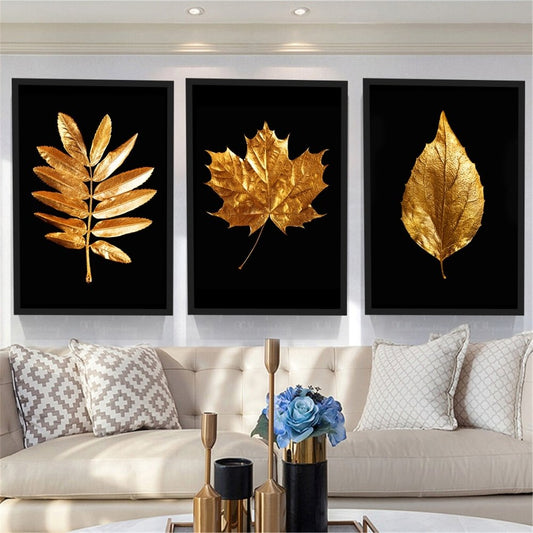 Quadro Decorativo - Trio de Quadros Folhas douradas
