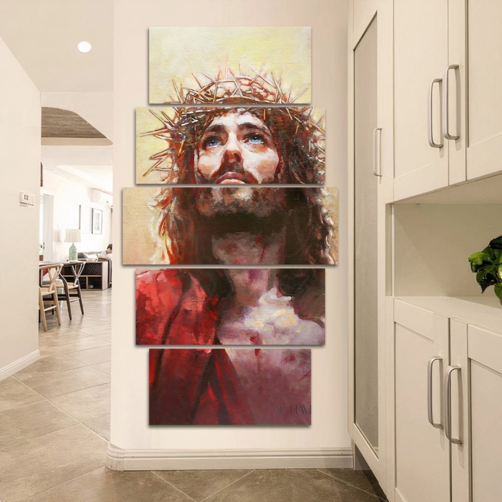 Quadros Decorativos Mosaico 5 Peças Olhar de Cristo 115x60cm
