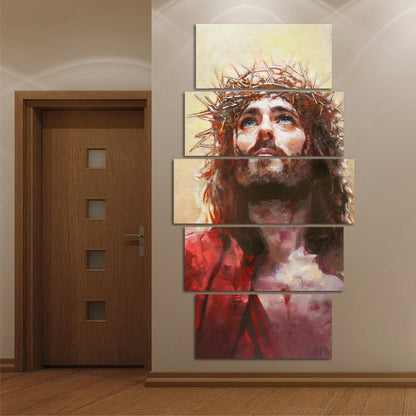 Quadros Decorativos Mosaico 5 Peças Olhar de Cristo 115x60cm